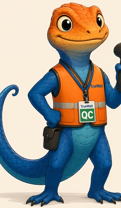 Watty, TrueWatt's QC mascot — a blue agama gecko in an orange hi-vis vest with a QC clipboard